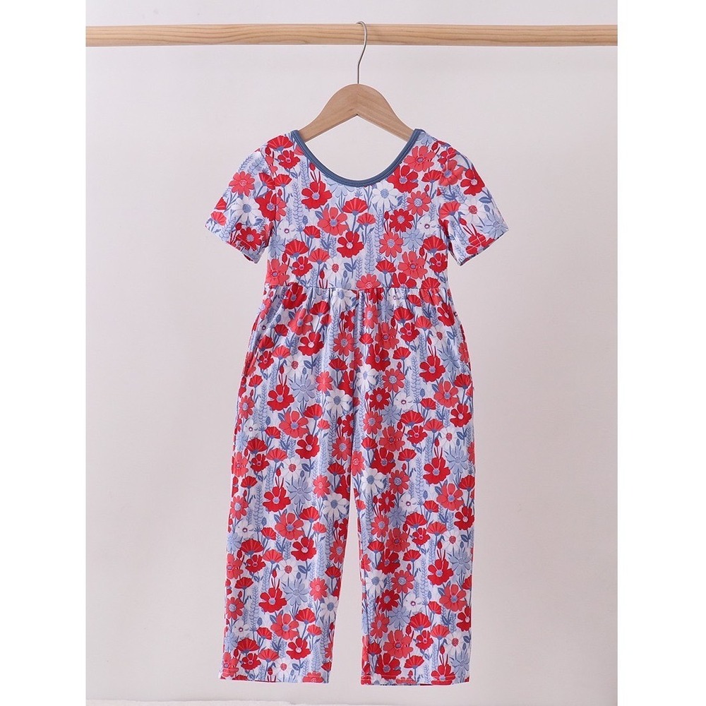 Abby & Evie Kids Bamboo Short Sleeve Floral Jumpsuit Red Blue Size 3T NWT